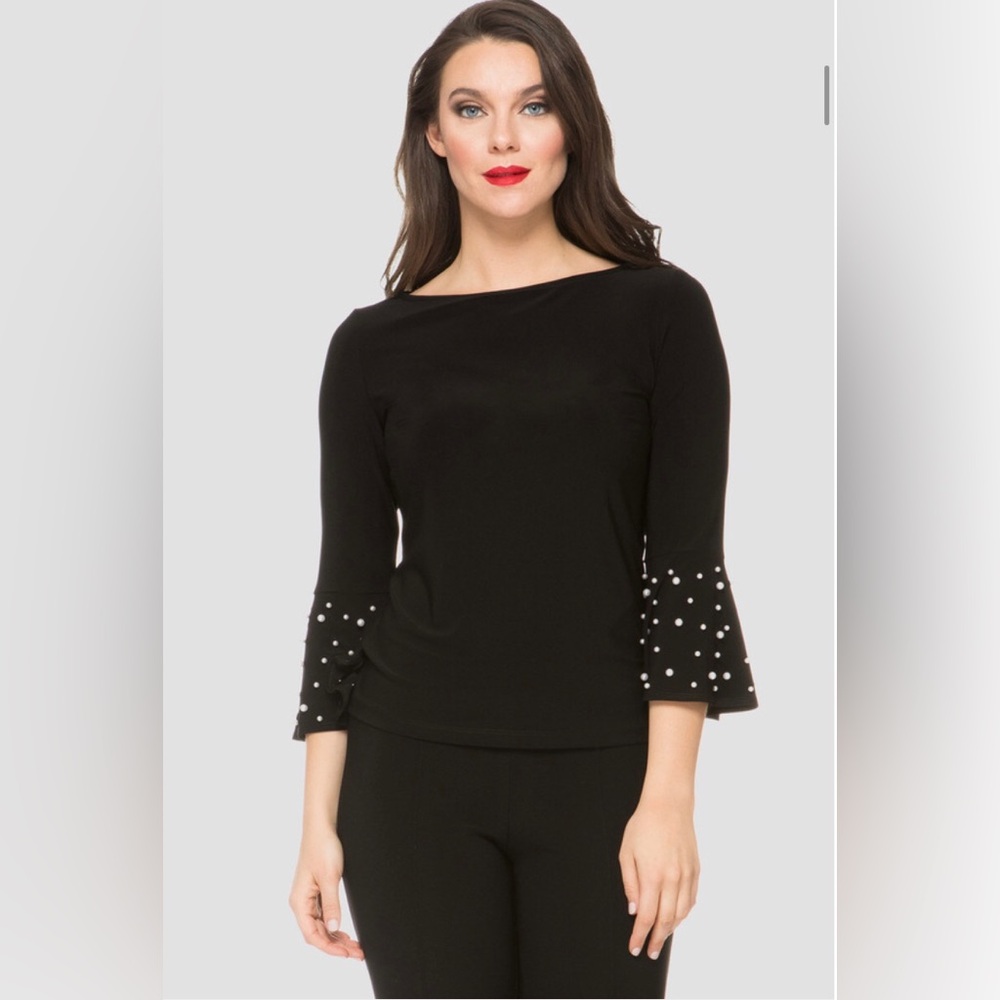 Joseph Ribkoff Top Woman 10 Black Pearl Accent Bell 3/4 Sleeves Boat Neck 191148
